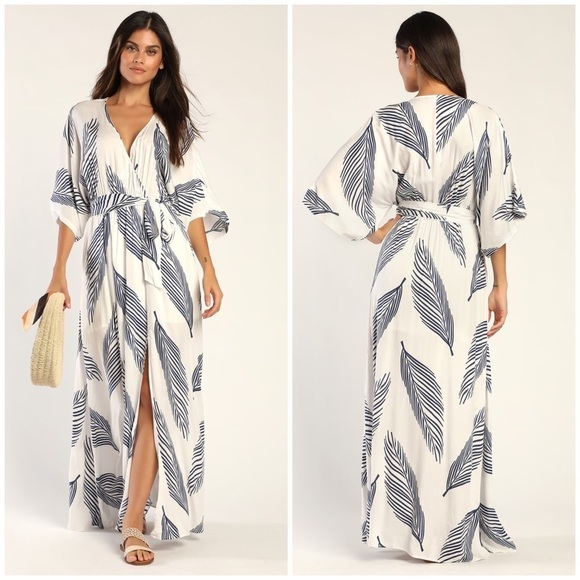 Lulus Dress Women’s Size Medium Sign of the Times Blue Leaf Print Maxi Dress - Picture 13 of 15